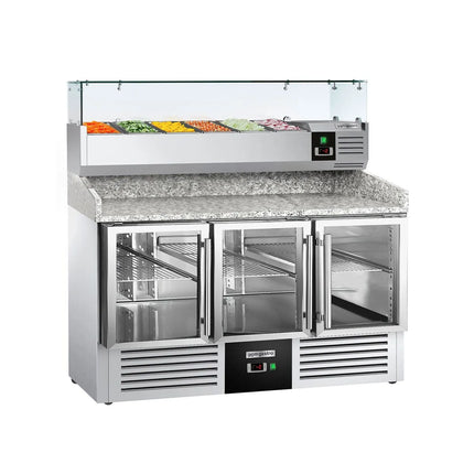 GGM Gastro Commercial Pizza Prep Counter - Granite Top PREMIUM - 1400x700mm - with 3 glass doors - incl. refrigerated topping unit with glass sneeze guard - 6x GN 1/4
