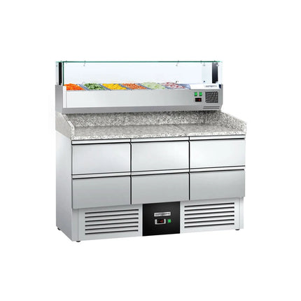 GGM Gastro Commercial Pizza Prep Counter - Granite Top PREMIUM - 1400x700mm - with 0 doors & 6 dough drawers 1/2 - incl. refrigerated topping unit with glass sneeze guard LED - 6x GN 1/4