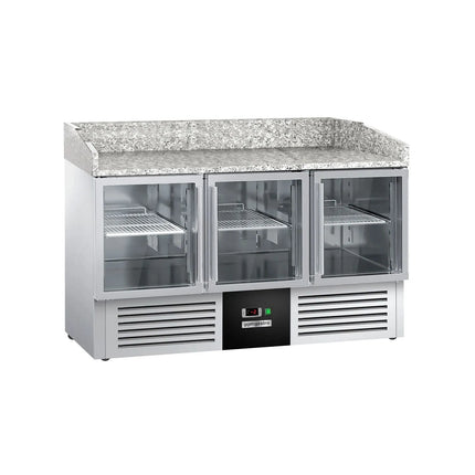 GGM Gastro Commercial Pizza Prep Counter - Granite Top PREMIUM - 1400x700mm - with 3 glass doors