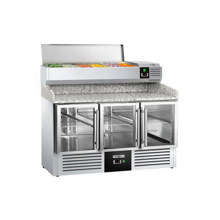 GGM Gastro Commercial Pizza Prep Counter - Granite Top PREMIUM - 1400x700mm - with 3 glass doors - incl. refrigerated topping unit - 6x GN 1/4