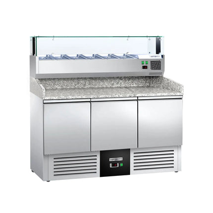GGM Gastro Commercial Pizza Prep Counter - Granite Top PREMIUM - 1400x700mm - with 3 doors - incl. refrigerated topping unit with glass sneeze guard LED - 6x GN 1/4