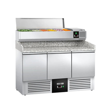 GGM Gastro Commercial Pizza Prep Counter - Granite Top PREMIUM - 1400x700mm - with 3 doors - incl. refrigerated topping unit - 6x GN 1/4