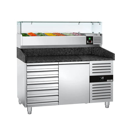 GGM Gastro Commercial Pizza Prep Counter - Granite Top PREMIUM - 1500x800mm - with 1 doors & 7 drawers - incl. refrigerated topping unit with glass sneeze guard - 6x GN 1/3