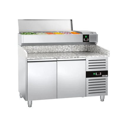 GGM Gastro Commercial Pizza Prep Counter - Granite Top PREMIUM - 1500x800mm - with 2 doors - incl. refrigerated topping unit - 6x GN 1/3
