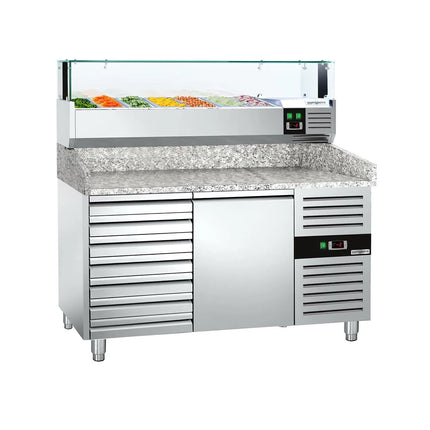GGM Gastro Commercial Pizza Prep Counter - Granite Top PREMIUM - 1500x800mm - with 1 doors & 7 drawers - incl. refrigerated topping unit with glass sneeze guard LED - 7x GN 1/4