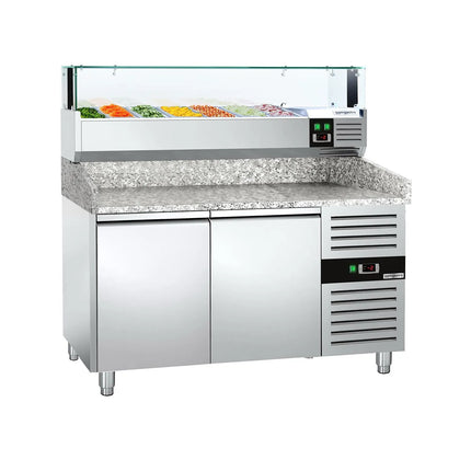 GGM Gastro Commercial Pizza Prep Counter - Granite Top PREMIUM - 1500x800mm - with 2 doors - incl. refrigerated topping unit with glass sneeze guard LED - 7x GN 1/4
