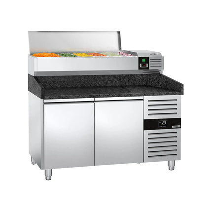 GGM Gastro Commercial Pizza Prep Counter - Granite Top PREMIUM - 1500x800mm - with 2 doors - incl. refrigerated topping unit - 6x GN 1/3