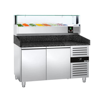 GGM Gastro Commercial Pizza Prep Counter - Granite Top PREMIUM - 1500x800mm - with 2 doors - incl. refrigerated topping unit with glass sneeze guard LED - 7x GN 1/4