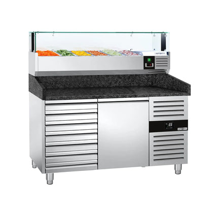 GGM Gastro Commercial Pizza Prep Counter - Granite Top PREMIUM - 1500x800mm - with 1 doors & 7 drawers - incl. refrigerated topping unit with glass sneeze guard LED - 6x GN 1/3