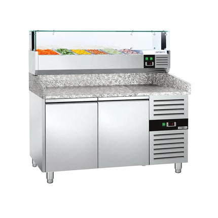 GGM Gastro Commercial Pizza Prep Counter - Granite Top PREMIUM - 1500x800mm - with 2 doors - incl. refrigerated topping unit with glass sneeze guard LED - 5x GN 1/3 + 1x GN 1/2