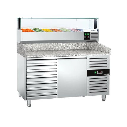 GGM Gastro Commercial Pizza Prep Counter - Granite Top PREMIUM - 1500x800mm - with 1 doors & 7 drawers - incl. refrigerated topping unit with glass sneeze guard LED - 5x GN 1/3 + 1x GN 1/2