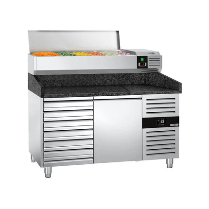 GGM Gastro Commercial Pizza Prep Counter - Granite Top PREMIUM - 1500x800mm - with 1 doors & 7 drawers - incl. refrigerated topping unit - 7x GN 1/4