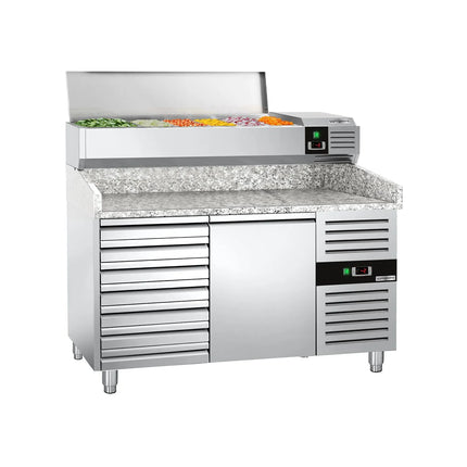 GGM Gastro Commercial Pizza Prep Counter - Granite Top PREMIUM - 1500x800mm - with 1 doors & 7 drawers - incl. refrigerated topping unit - 7x GN 1/4