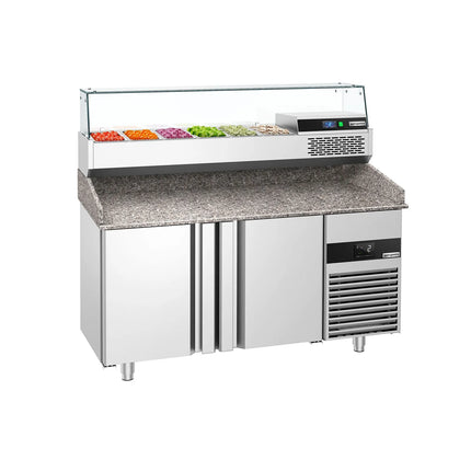 GGM Gastro Commercial Pizza Prep Counter - Granite Top PREMIUM - 1550x800mm - with 2 doors - incl. refrigerated topping unit with glass sneeze guard - 6x GN 1/3