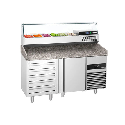 GGM Gastro Commercial Pizza Prep Counter - Granite Top PREMIUM - 1550x800mm - with 1 doors & 5 drawers - incl. refrigerated topping unit with glass sneeze guard - 6x GN 1/3