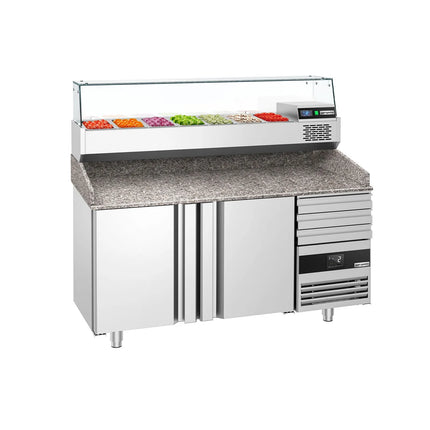 GGM Gastro Commercial Pizza Prep Counter - Granite Top PREMIUM - 1600x800mm - with 2 doors & 3 drawers - incl. refrigerated topping unit with glass sneeze guard - 6x GN 1/3