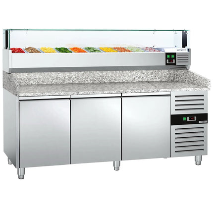 GGM Gastro Commercial Pizza Prep Counter - Granite Top PREMIUM - 2000x800mm - with 3 doors - incl. refrigerated topping unit with glass sneeze guard LED - 10x GN 1/4