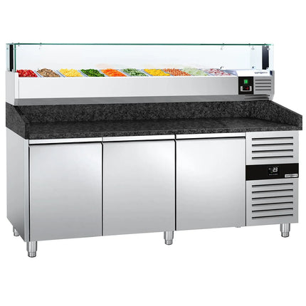 GGM Gastro Commercial Pizza Prep Counter - Granite Top PREMIUM - 2000x800mm - with 3 doors - incl. refrigerated topping unit with glass sneeze guard LED - 10x GN 1/4