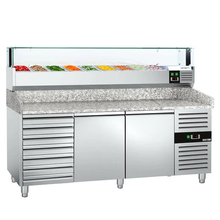 GGM Gastro Commercial Pizza Prep Counter - Granite Top PREMIUM - 2000x800mm - with 2 doors & 7 drawers - incl. refrigerated topping unit with glass sneeze guard LED - 9x GN 1/3