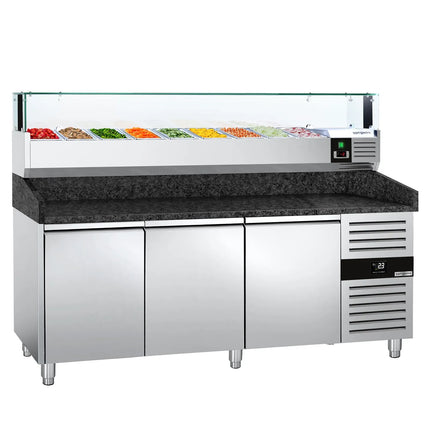 GGM Gastro Commercial Pizza Prep Counter - Granite Top PREMIUM - 2000x800mm - with 3 doors - incl. refrigerated topping unit with glass sneeze guard LED - 9x GN 1/3