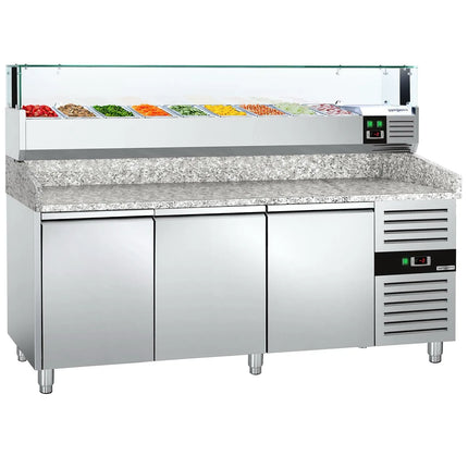 GGM Gastro Commercial Pizza Prep Counter - Granite Top PREMIUM - 2025x800mm - with 3 doors - incl. refrigerated topping unit with glass sneeze guard LED - 10x GN 1/3