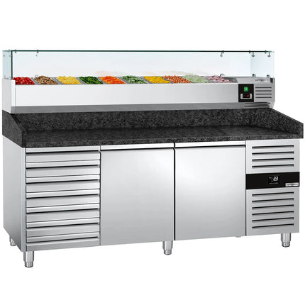 GGM Gastro Commercial Pizza Prep Counter - Granite Top PREMIUM - 2025x800mm - with 2 doors & 7 drawers - incl. refrigerated topping unit with glass sneeze guard - 10x GN 1/4
