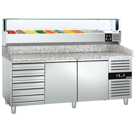 GGM Gastro Commercial Pizza Prep Counter - Granite Top PREMIUM - 2025x800mm - with 2 doors & 7 drawers - incl. refrigerated topping unit with glass sneeze guard LED - 10x GN 1/4
