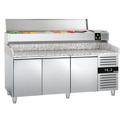 GGM Gastro Commercial Pizza Prep Counter - Granite Top PREMIUM - 2025x800mm - with 3 doors - incl. refrigerated topping unit with glass sneeze guard LED - 10x GN 1/4