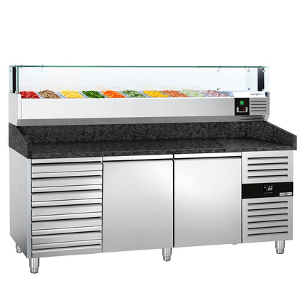 GGM Gastro Commercial Pizza Prep Counter - Granite Top PREMIUM - 2025x800mm - with 2 doors & 7 drawers - incl. refrigerated topping unit with glass sneeze guard LED - 10x GN 1/4