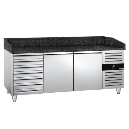 GGM Gastro Commercial Pizza Prep Counter - Granite Top PREMIUM - 2025x800mm - with 2 doors & 7 drawers