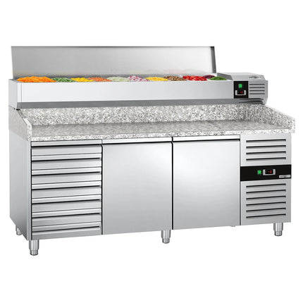 GGM Gastro Commercial Pizza Prep Counter - Granite Top PREMIUM - 2025x800mm - with 2 doors & 7 drawers - incl. refrigerated topping unit with glass sneeze guard LED - 9x GN 1/3