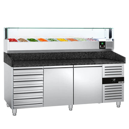 GGM Gastro Commercial Pizza Prep Counter - Granite Top PREMIUM - 2025x800mm - with 2 doors & 7 drawers - incl. refrigerated topping unit with glass sneeze guard LED - 9x GN 1/3