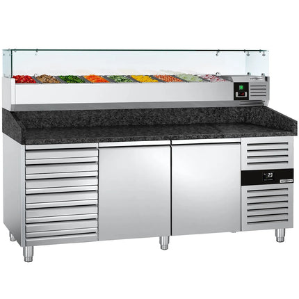 GGM Gastro Commercial Pizza Prep Counter - Granite Top PREMIUM - 2025x800mm - with 2 doors & 7 drawers - incl. refrigerated topping unit with glass sneeze guard - 9x GN 1/3