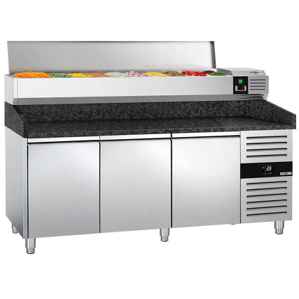 GGM Gastro Commercial Pizza Prep Counter - Granite Top PREMIUM - 2025x800mm - with 3 doors - incl. refrigerated topping unit - 10x GN 1/4