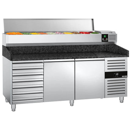 GGM Gastro Commercial Pizza Prep Counter - Granite Top PREMIUM - 2025x800mm - with 2 doors & 7 drawers - incl. refrigerated topping unit - 10x GN 1/4