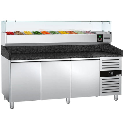 GGM Gastro Commercial Pizza Prep Counter - Granite Top PREMIUM - 2025x800mm - with 3 doors - incl. refrigerated topping unit with glass sneeze guard - 9x GN 1/3
