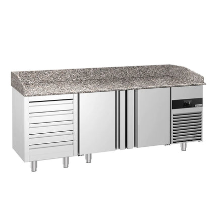 GGM Gastro Commercial Pizza Prep Counter - Granite Top PREMIUM - 2100x800mm - with 2 doors & 5 drawers