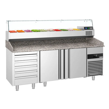 GGM Gastro Commercial Pizza Prep Counter - Granite Top PREMIUM - 2100x800mm - with 2 doors & 5 drawers - incl. refrigerated topping unit with glass sneeze guard - 10x GN 1/3
