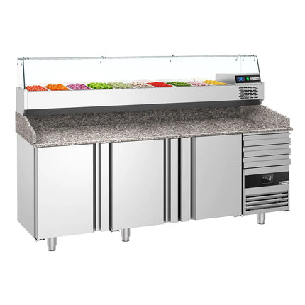 GGM Gastro Commercial Pizza Prep Counter - Granite Top PREMIUM - 2150x800mm - with 3 doors & 3 drawers - incl. refrigerated topping unit with glass sneeze guard - 10x GN 1/3