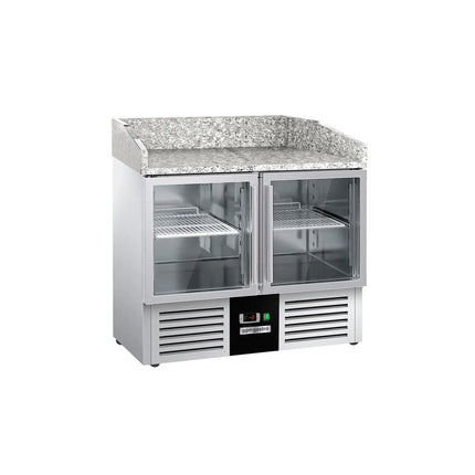 GGM Gastro Commercial Pizza Prep Counter - Granite Top PREMIUM - 935x700mm - with 2 glass doors
