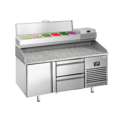 GGM Gastro Commercial Pizza Prep Counter - Granite Top PREMIUM PLUS - 1490x700mm - with 1 doors & 2 drawers - incl. refrigerated topping unit - 6x GN 1/4