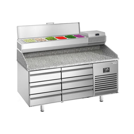 GGM Gastro Commercial Pizza Prep Counter - Granite Top PREMIUM PLUS - 1490x700mm - with 0 doors & 6 drawers - incl. refrigerated topping unit - 6x GN 1/4