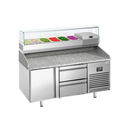 GGM Gastro Commercial Pizza Prep Counter - Granite Top PREMIUM PLUS - 1490x700mm - with 1 doors & 2 drawers - incl. refrigerated topping unit with glass sneeze guard - 6x GN 1/4