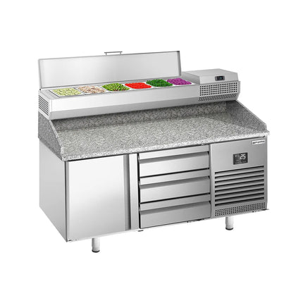 GGM Gastro Commercial Pizza Prep Counter - Granite Top PREMIUM PLUS - 1490x700mm - with 1 doors & 3 drawers - incl. refrigerated topping unit - 6x GN 1/4