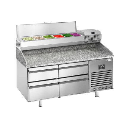GGM Gastro Commercial Pizza Prep Counter - Granite Top PREMIUM PLUS - 1490x700mm - with 0 doors & 4 dough drawers - incl. refrigerated topping unit - 6x GN 1/4