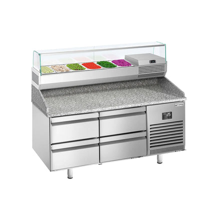 GGM Gastro Commercial Pizza Prep Counter - Granite Top PREMIUM PLUS - 1490x700mm - with 0 doors & 4 drawers - incl. refrigerated topping unit with glass sneeze guard - 6x GN 1/4