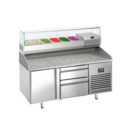 GGM Gastro Commercial Pizza Prep Counter - Granite Top PREMIUM PLUS - 1490x700mm - with 1 doors & 2 drawers - incl. refrigerated topping unit with glass sneeze guard - 6x GN 1/4