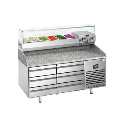 GGM Gastro Commercial Pizza Prep Counter - Granite Top PREMIUM PLUS - 1490x700mm - with 0 doors & 6 drawers - incl. refrigerated topping unit with glass sneeze guard - 6x GN 1/4