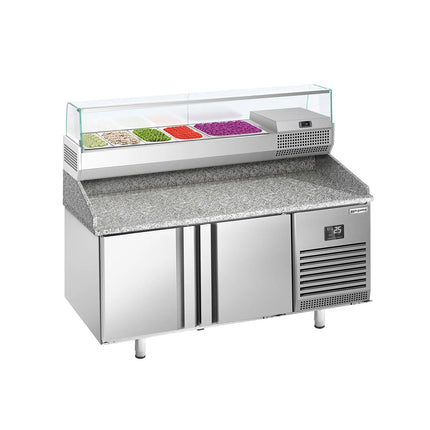 GGM Gastro Commercial Pizza Prep Counter - Granite Top PREMIUM PLUS - 1490x700mm - with 2 doors - incl. refrigerated topping unit with glass sneeze guard - 6x GN 1/4
