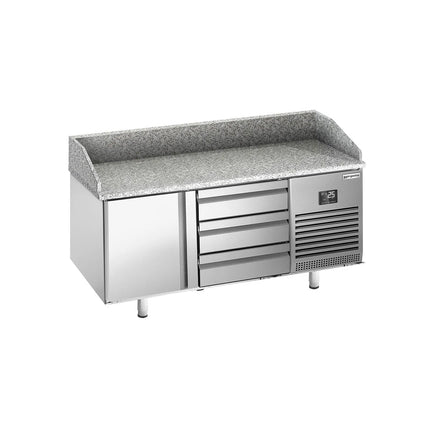 GGM Gastro Commercial Pizza Prep Counter - Granite Top PREMIUM PLUS - 1490x700mm - with 1 doors & 3 dough drawers - incl. refrigerated topping unit - 8x GN